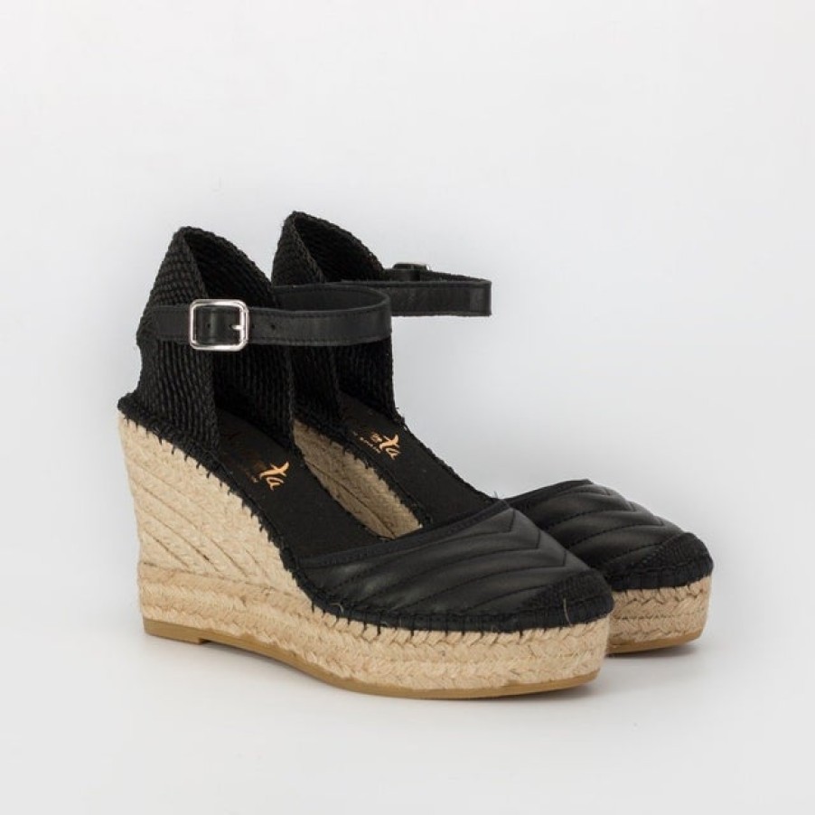 Fashion SPANISH Sandals | Vidorreta Quilted Leather Wedges Black | Spanish Shop Online