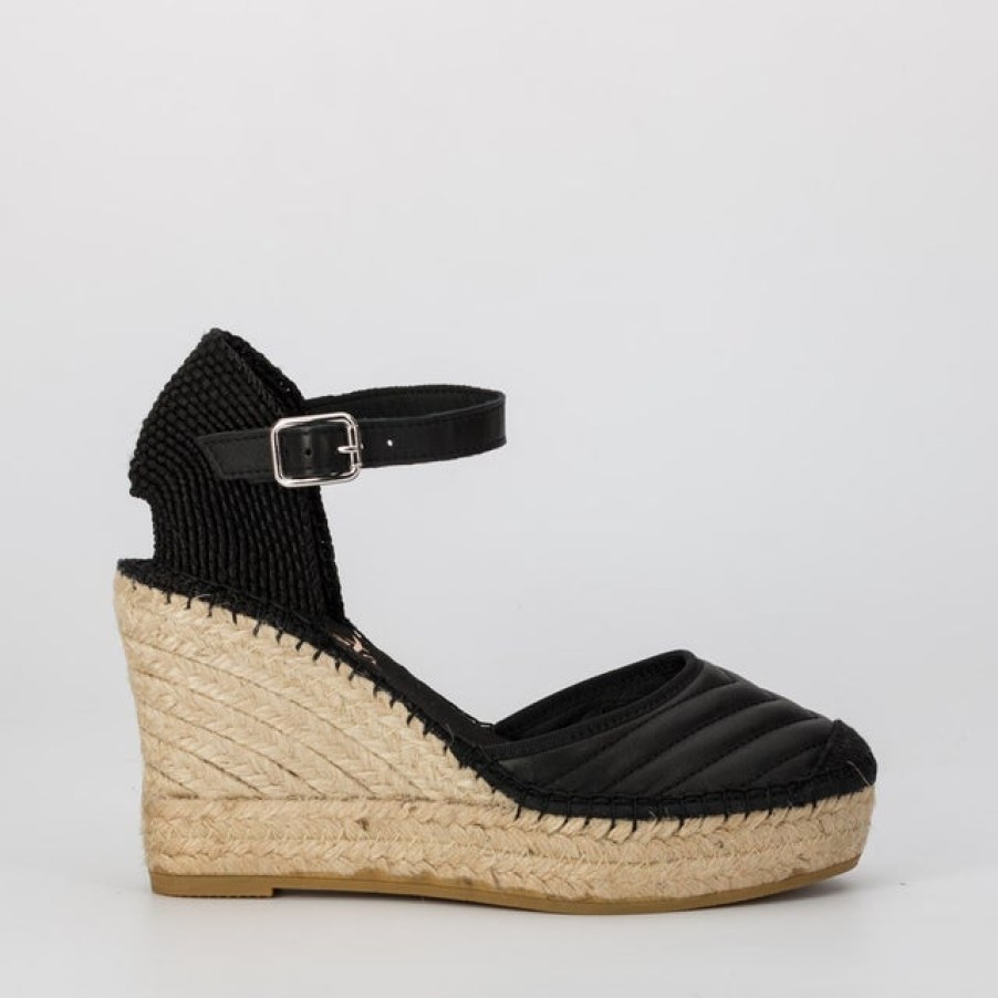 Fashion SPANISH Sandals | Vidorreta Quilted Leather Wedges Black | Spanish Shop Online