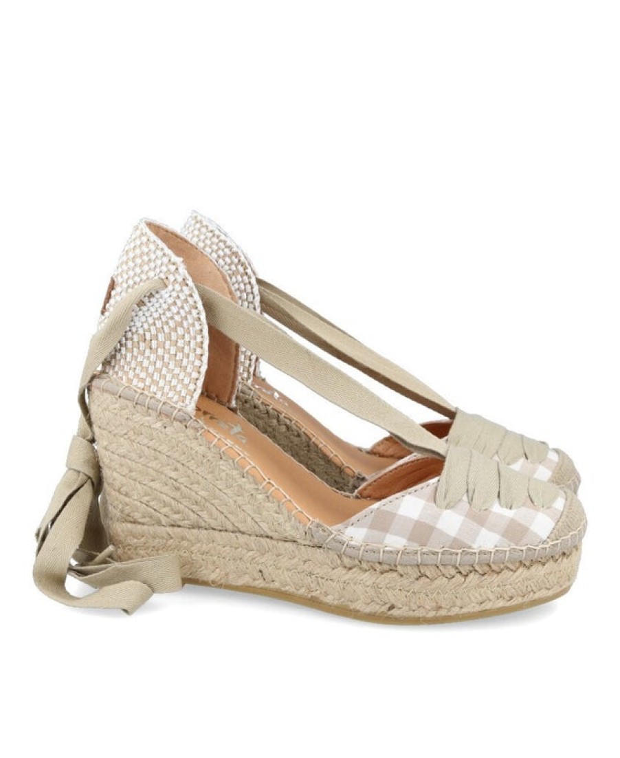 Fashion SPANISH Lace Ups | Vidorreta 12985 Ginham Ankle Tie Wedge Espadrille | Spanish Shop Online