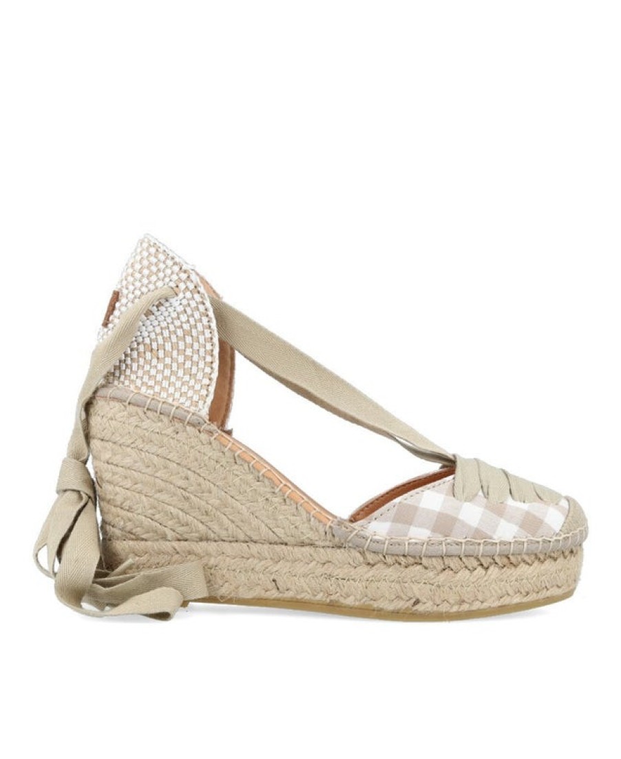 Fashion SPANISH Lace Ups | Vidorreta 12985 Ginham Ankle Tie Wedge Espadrille | Spanish Shop Online