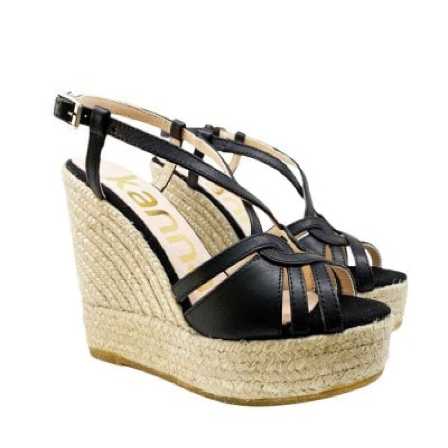 Fashion SPANISH Sandals | Kanna Black Leather Wedge Sandals | Spanish Shop Online